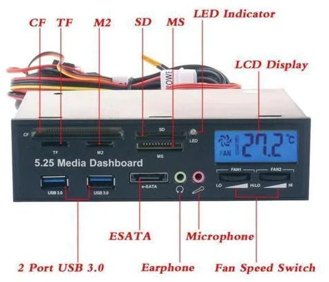 Alt view image 3 of 6 - 5.25" USB 3.0 e SATA All in 1 PC Media Dashboard Multi function Front Panel Card Reader I/O Ports