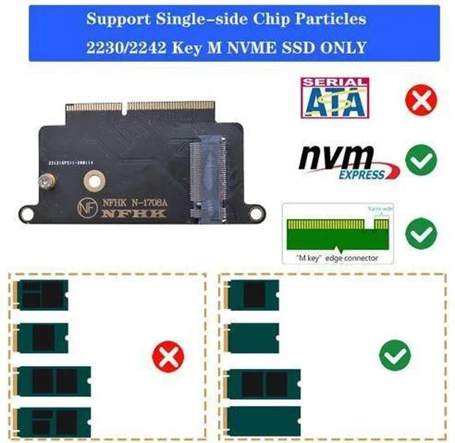 Alt view image 3 of 5 - NVME SSD Adapter for Apple Macbook A1708 Laptop NVMe PCIe M2 NGFF SSD to 2016 2017 Macbook Pro A1708 SSD Adapter Riser Card