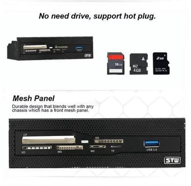 Alt view image 5 of 5 - 5.25" Internal Card Reader Media Multi-Function Dashboard PC Front Panel USB 3.0 Support CF XD MS M2 TF SD Card Reader Smart