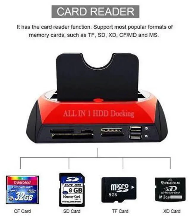 Alt view image 4 of 7 - All in 1 HDD Docking Station USB 2.0 2.5" 3.5" IDE SATA External HDD Case Box Hard Disk Drive Enclosure SD TF Card Reader