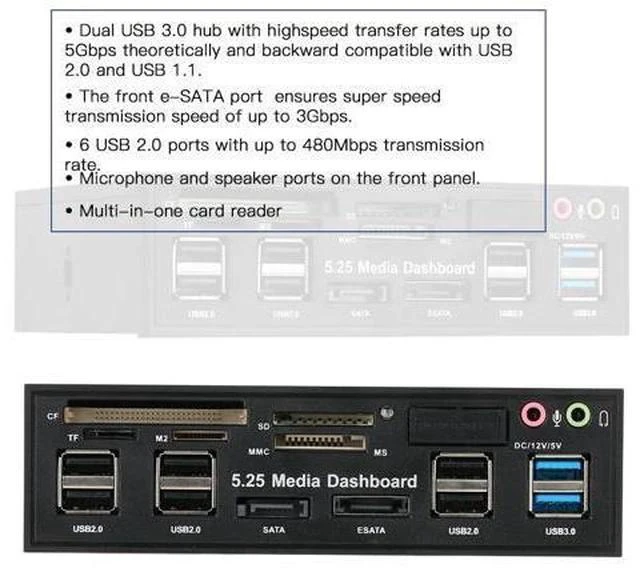 Main image of USB 3.0 Hub eSATA SATA Port Internal Card Reader PC Dashboard Media Front Panel Audio