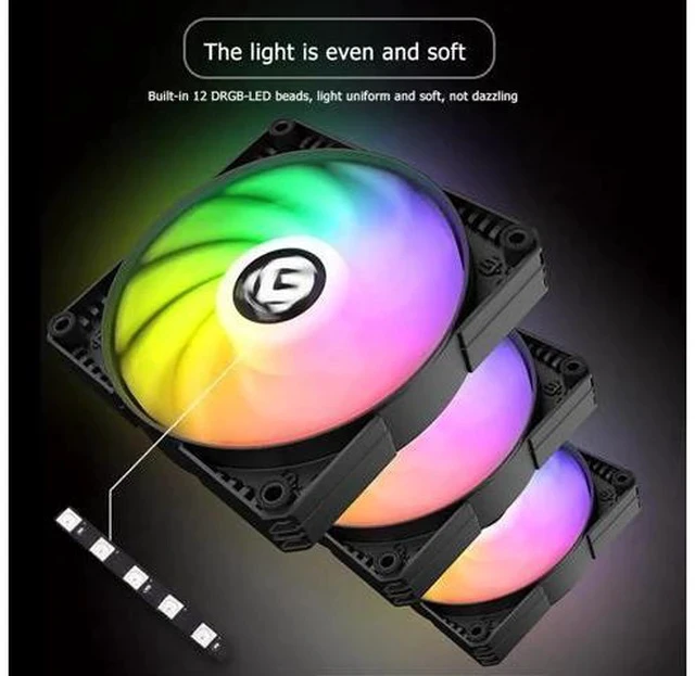 Alt view image 2 of 5 - 120mm/140mm 12V PC Computer Case Dual LED Ring Multicolor Cooling Fan DRGB 4Pin PWM Chassis Remote Control Heatsink Cooler