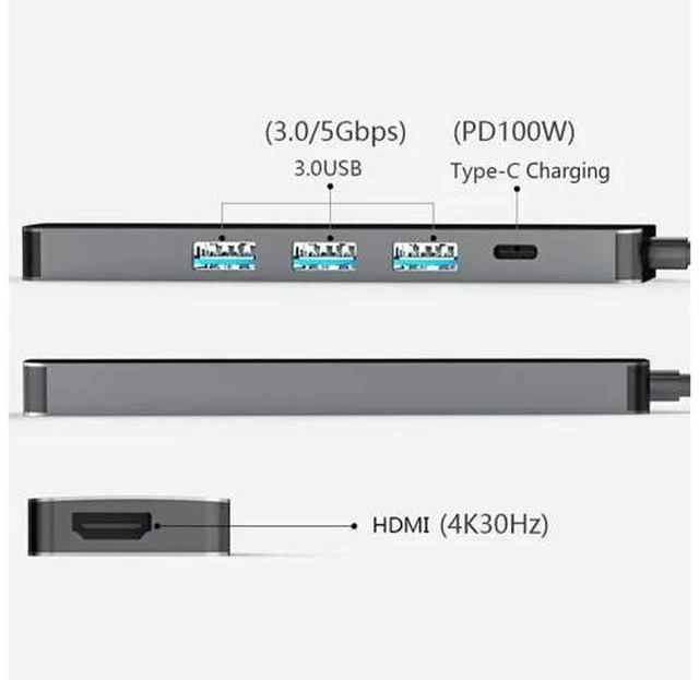 Alt view image 3 of 5 - 5 in 1 USB C Hub, USB 3.1 Type-C Adapter 4K , 100W PD, 3 USB 3.0 5Gbps for MacBook Air 2020, Spectre, P30 P30 Pro