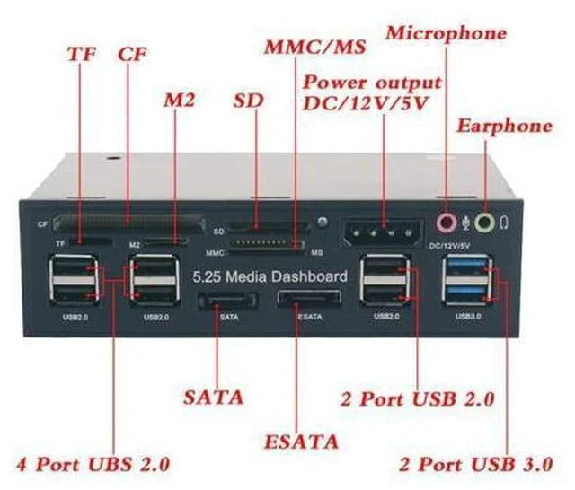 Alt view image 3 of 5 - 5.25 inch Media Dashboard Card Reader USB 2.0/3.0 20 pin e-SATA SATA Front Panel For PC Desktop