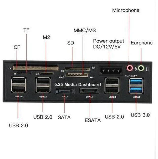Alt view image 4 of 6 - Card Reader USB 3.0 Front Panel Hub eSATA SATA Port Internal Card Reader PC Dashboard Media Front Panel Audio