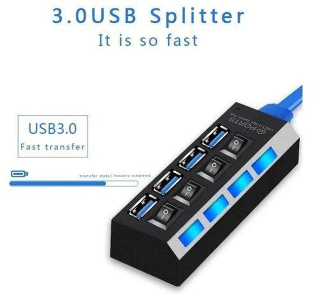 Alt view image 3 of 5 - USB 3.0 Hub With 4 Ports On/Off Switch High Speed 5Gbps USB Splitter HUB For Computer Accessories