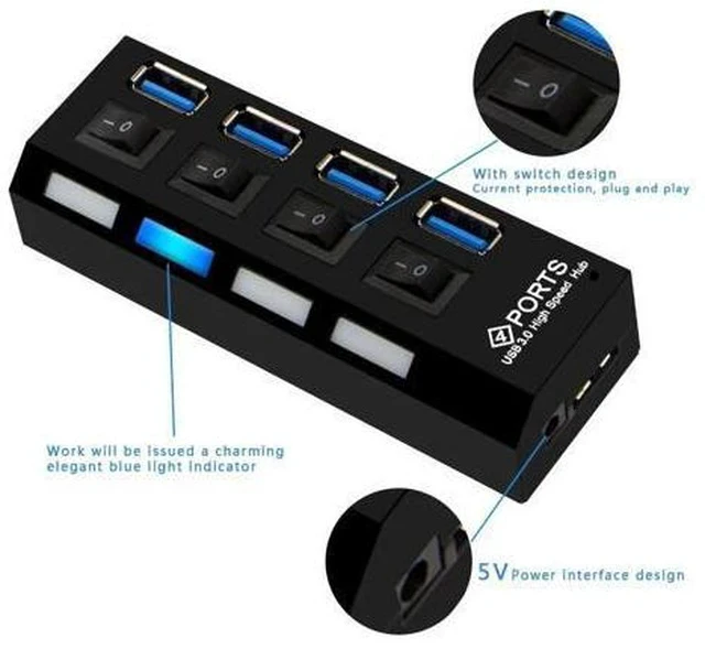 Alt view image 5 of 5 - USB 3.0 Hub With 4 Ports On/Off Switch High Speed 5Gbps USB Splitter HUB For Computer Accessories