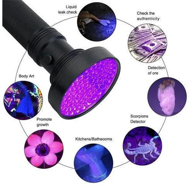 Alt view image 2 of 7 - UV Flashlights 100 LEDs Handheld Powerful Ultraviolet Black Light Scorpion Pet Dog and Cat Urine Stain Detector