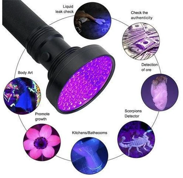 Alt view image 7 of 7 - UV Flashlights 100 LEDs Handheld Powerful Ultraviolet Black Light Scorpion Pet Dog and Cat Urine Stain Detector