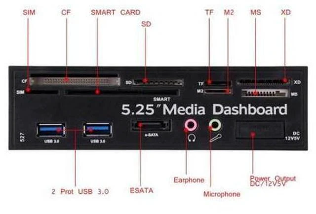 Alt view image 5 of 7 - 5.25inch PC Multifunction Media Dashboard USB3.0 e-SATA Power Port Audio SIM/SMART Multi Card Reader supports M2/TF/SD/XD/MS/CF