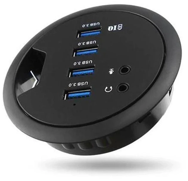 Main image of In Desk 4-Port SuperSpeed USB 3.0 HUB Adapter Fits in a 3inch grommet hole and External Stereo Sound Adapter Combo #LR4