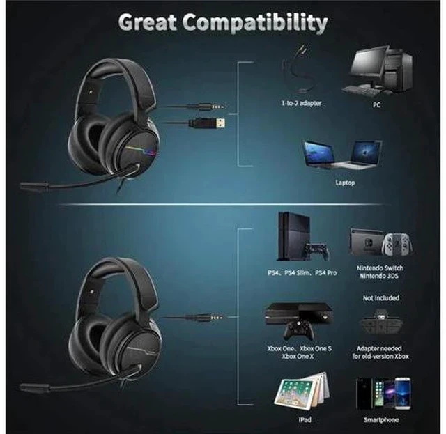 Alt view image 4 of 7 - Xiberia V20 Gaming Headphones USB 7.1 Headset for PC Game Computer Bass Stereo Earphones with Microphone LED Light