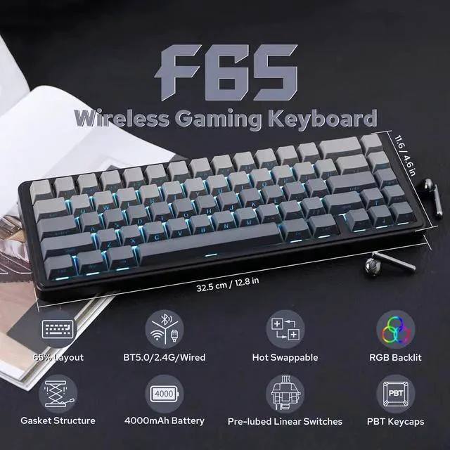 Alt view image 2 of 7 - x Aula F65 65% Wireless Mechanical Keyboard+Click Gaming Mouse Wireless 2.4Ghz/Bluetooth/Type-C