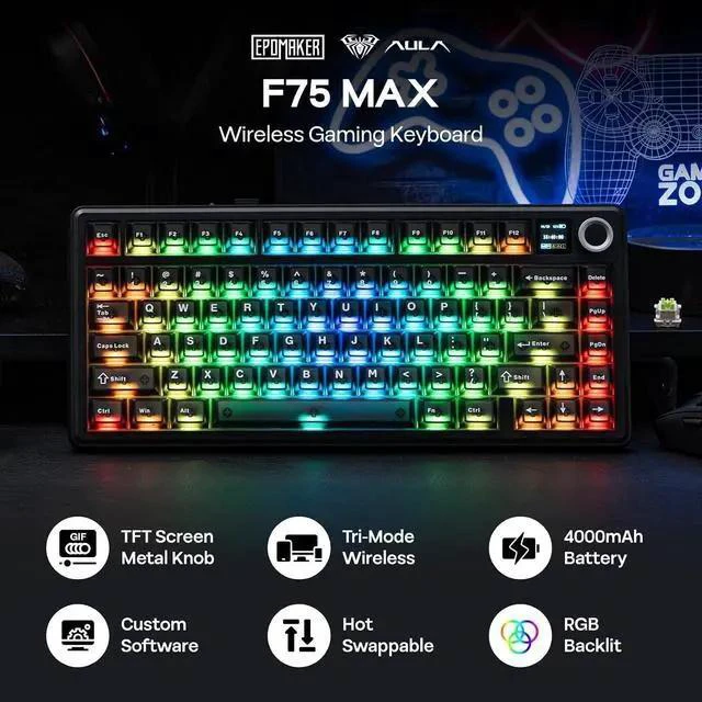 Alt view image 2 of 7 - X Aula F75 MAX Wireless Mechanical Keyboard with TFT Screen and Knob+Mix 1.8m Coiled Keyboard Cable