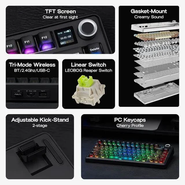 Alt view image 3 of 7 - X Aula F75 MAX Wireless Mechanical Keyboard with TFT Screen and Knob+Mix 1.8m Coiled Keyboard Cable