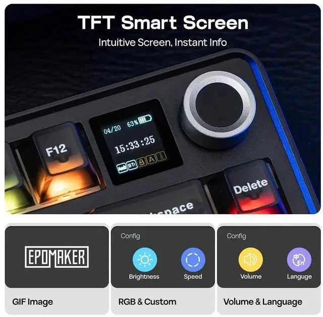 Alt view image 4 of 7 - X Aula F75 MAX Wireless Mechanical Keyboard with TFT Screen and Knob+Mix 1.8m Coiled Keyboard Cable