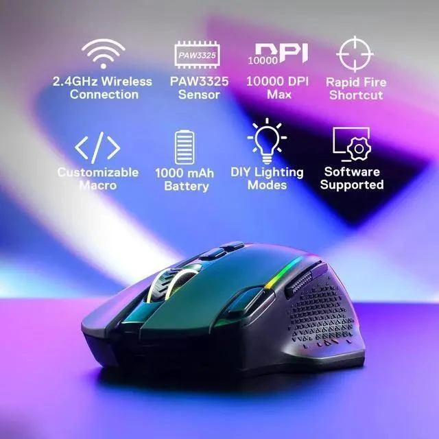 Alt view image 3 of 7 - M810 Pro Wireless Gaming Mouse, 10000 DPI Wired/Wireless Gamer Mouse w/Rapid Fire Key, 8 Macro Buttons, 45-Hour Reliable Power Capacity and RGB Backlit for PC/Mac/Laptop