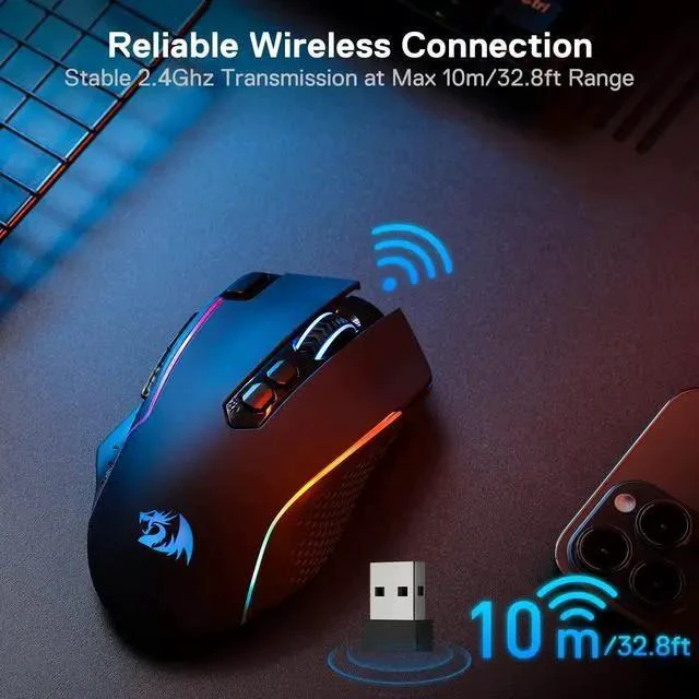 Alt view image 4 of 7 - M810 Pro Wireless Gaming Mouse, 10000 DPI Wired/Wireless Gamer Mouse w/Rapid Fire Key, 8 Macro Buttons, 45-Hour Reliable Power Capacity and RGB Backlit for PC/Mac/Laptop