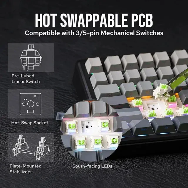 Alt view image 5 of 7 - X Aula F75 MAX Wireless Mechanical Keyboard with TFT Screen and Knob+Frost Jelly Keycaps Set - 126 Keys Forged Carbon Fiber Keycaps