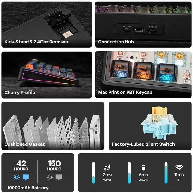 Alt view image 2 of 7 - TH80 V2 PRO Wireless Gaming Keyboard with Screen&Knob, 10000mAh, 2.4Ghz/BT/USB-C, RGB, Hot Swap, Custom Driver, NKRO, PBT Keycap, Mechanical Keyboard for PC/Mac (Black, Sea Salt Silent)