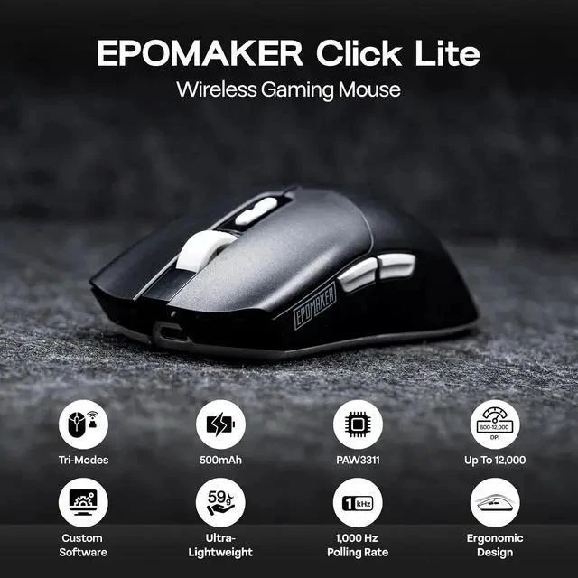 Alt view image 2 of 7 - Click Lite Wireless Gaming Mouse, 800 to 12,000 DPI Adjustable, PAW3311 Sensor, 500mAh, 59g, 2.4G/BT/USB-C Rechargeable Wireless Mouse with 5 Programmable Buttons for PC/Mac/Linux (Black)