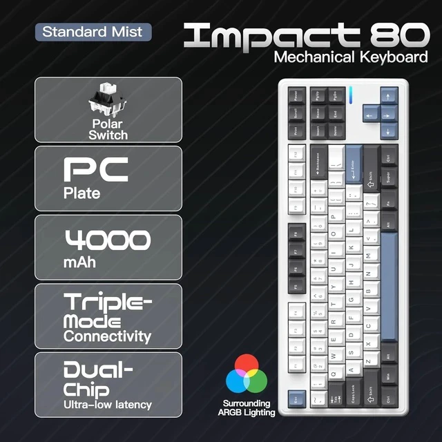 Alt view image 2 of 6 - Impact80 Tri-Mode Wireless Mechanical Keyboard,USB-C Wired, Hot-Swappable 87 Keys Gasket Mount, RGB Light Bar, 8000mAh Battery, QMK/VIA Compatible RS8 Keyboard for Windows/Mac (Standard Mist)