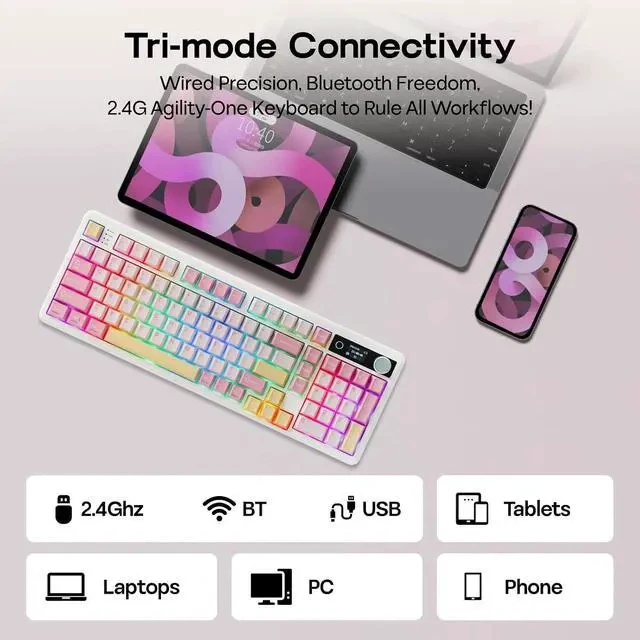 Alt view image 5 of 7 - TH99 PRO 96% Mechanical Keyboard with Screen & Knob, 10000mAh, 2.4Ghz/BT, Hot Swap, Custom Driver, RGB Backlight, PBT Keycap, Wireless Gaming Keyboard for PC/Mac (Pink, Sea Salt Silent)
