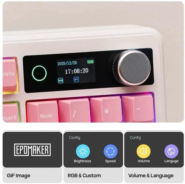 Alt view image 3 of 7 - TH99 PRO 96% Mechanical Keyboard with Screen & Knob, 10000mAh, 2.4Ghz/BT, Hot Swap, Custom Driver, RGB Backlight, PBT Keycap, Wireless Gaming Keyboard for PC/Mac (Pink, Sea Salt Silent)