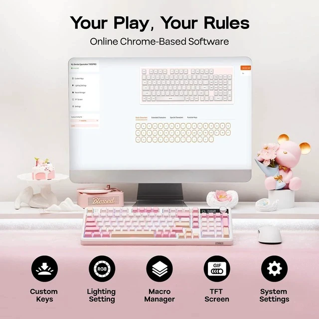 Alt view image 7 of 7 - TH99 PRO 96% Mechanical Keyboard with Screen & Knob, 10000mAh, 2.4Ghz/BT, Hot Swap, Custom Driver, RGB Backlight, PBT Keycap, Wireless Gaming Keyboard for PC/Mac (Pink, Sea Salt Silent)