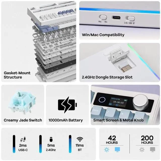 Alt view image 2 of 7 - TH99 PRO 96% Mechanical Keyboard with Screen & Knob, 10000mAh, 2.4Ghz/BT, Hot Swap, Custom Driver, RGB Backlight, PBT Keycap, Wireless Gaming Keyboard for PC/Mac (Blue&White, Creamy Jade)