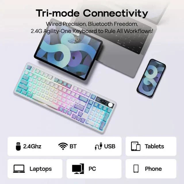 Alt view image 5 of 7 - TH99 PRO 96% Mechanical Keyboard with Screen & Knob, 10000mAh, 2.4Ghz/BT, Hot Swap, Custom Driver, RGB Backlight, PBT Keycap, Wireless Gaming Keyboard for PC/Mac (Blue&White, Creamy Jade)