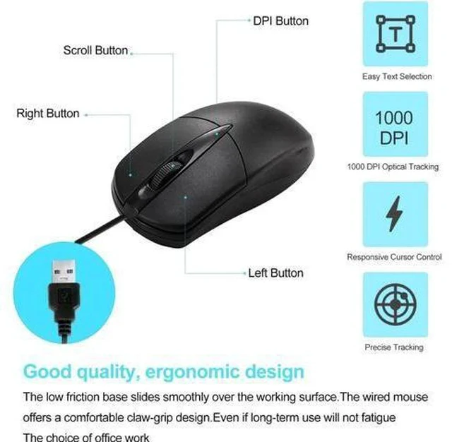 Alt view image 3 of 7 - 10 PCS Black Wired Computer Mouse Bulk USB 1000 DPI 3 Button Corded Mouse with Home Office Noiseless Simple USB Mouse for Computer Laptop Desktop PC