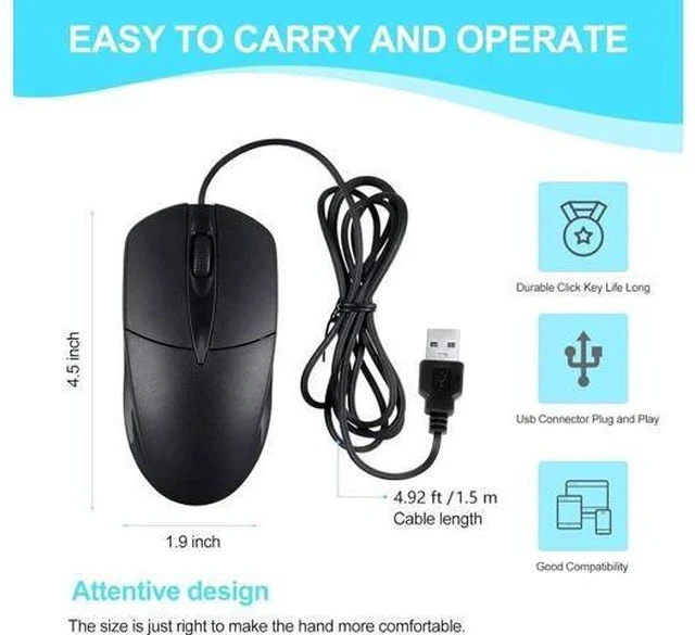 Alt view image 2 of 7 - 10 PCS Black Wired Computer Mouse Bulk USB 1000 DPI 3 Button Corded Mouse with Home Office Noiseless Simple USB Mouse for Computer Laptop Desktop PC