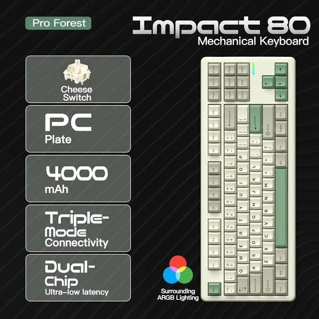 Alt view image 2 of 6 - Impact80 Tri-Mode Wireless Mechanical Keyboard,USB-C Wired, Hot-Swappable 87 Keys Gasket Mount, RGB Light Bar, 8000mAh Battery, QMK/VIA Compatible RS8 Keyboard for Windows/Mac (Pro Forest)