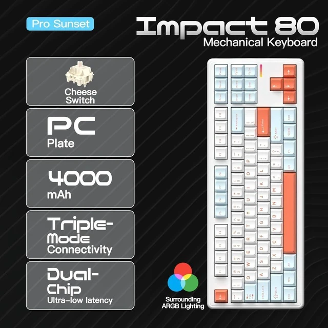 Alt view image 2 of 5 - Impact80 Tri-Mode Wireless Mechanical Keyboard,USB-C Wired, Hot-Swappable 87 Keys Gasket Mount, RGB Light Bar, 8000mAh Battery, QMK/VIA Compatible RS8 Keyboard for Windows/Mac (Pro Sunset)