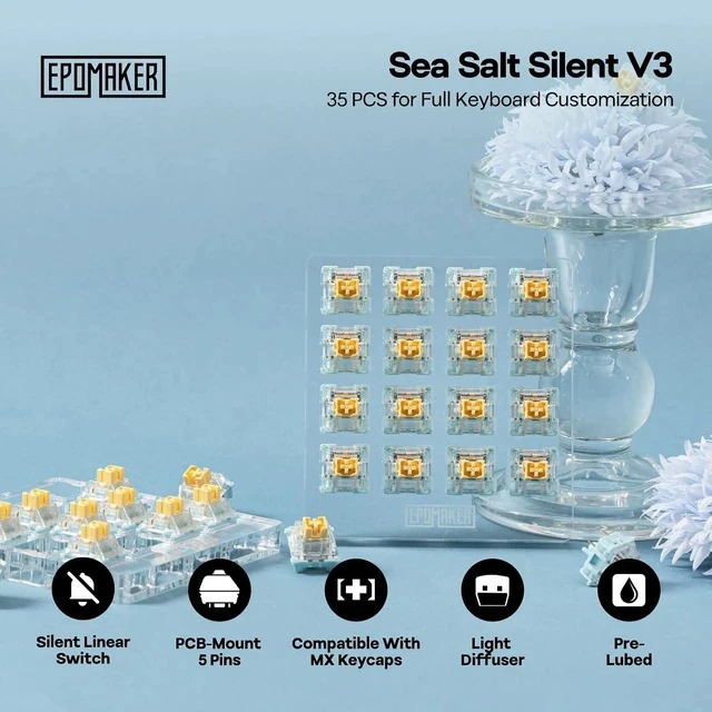 Alt view image 2 of 7 - Silent Mechanical Keyboard Switches Set - 35 Pieces Factory Pre-Lubed, 5-Pin Linear/Tactile Switches for Custom Mechanical Keyboards (Sea Salt V3(Linear Silent))