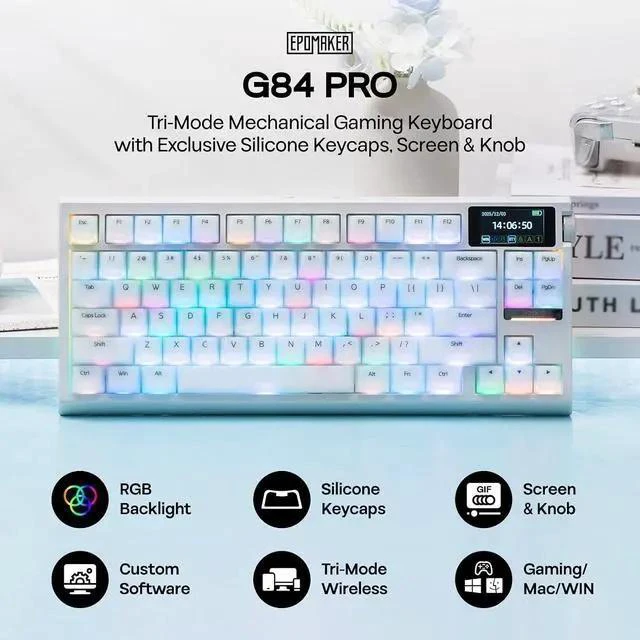 Alt view image 2 of 7 - G84 PRO Wireless Gaming Keyboard with Screen&Knob+AegisSil Keycap Set, Silicone Material