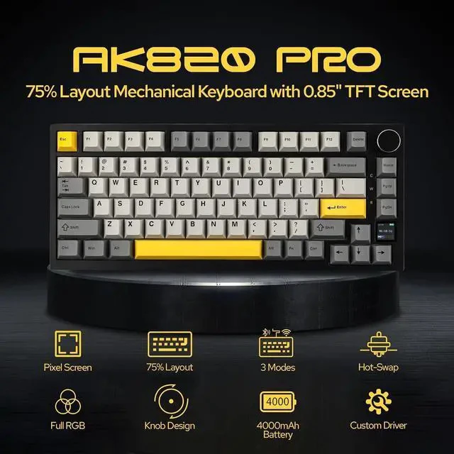 Alt view image 2 of 7 - Ajazz AK820 Pro 75% Wireless Mechanical Keyboard with TFT Smart Display&Knob+Sorane 39gf Gaming Keyboard Switches Set