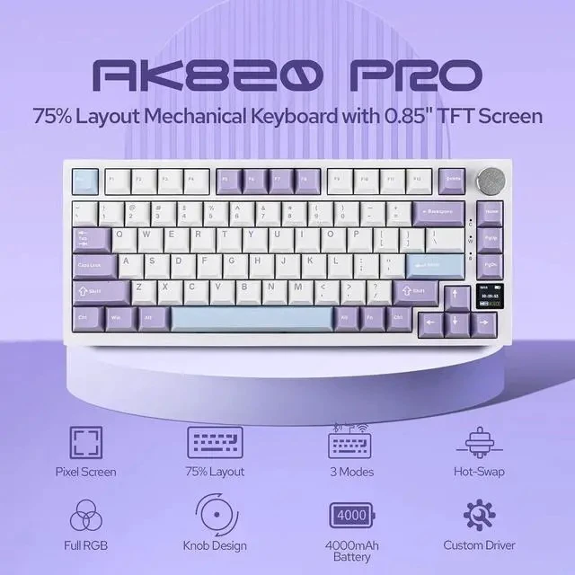 Alt view image 2 of 7 - Ajazz AK820 Pro 75% Wireless Mechanical Keyboard with TFT Smart Display&Knob+Sorane 39gf Gaming Keyboard Switches Set