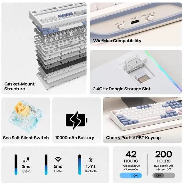 Alt view image 2 of 7 - TH108 PRO Full Size Mechanical Keyboard with Screen & Knob+Cream Marble 47gf Gaming Keyboard Switches