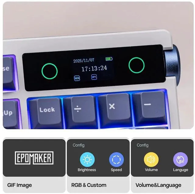 Alt view image 3 of 7 - TH108 PRO Full Size Mechanical Keyboard with Screen & Knob+Frost Jelly Keycaps Set - 126 Keys Forged Carbon Fiber Keycaps