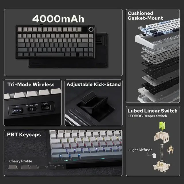 Alt view image 2 of 7 - X Aula F75 MAX Wireless Mechanical Keyboard with TFT Screen and Knob+Click Gaming Mouse Wireless 2.4Ghz/Bluetooth/Type-C