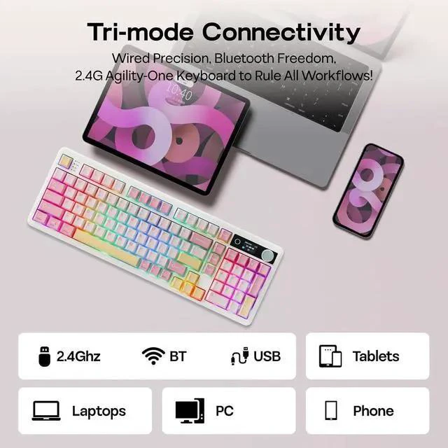 Alt view image 5 of 7 - TH99 PRO 96% Mechanical Keyboard with Screen & Knob+Frost Jelly Keycaps Set - 126 Keys Forged Carbon Fiber Keycaps