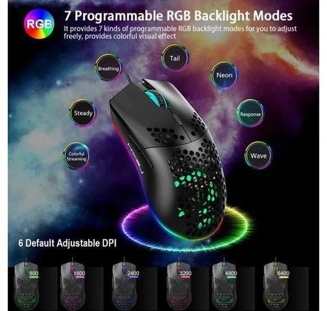Alt view image 3 of 5 - J900 USB Wired Gaming Mouse RGB Gaming Mouse with Six Adjustable DPI Ergonomic Design for Desktop Laptop for Gamer Gaming