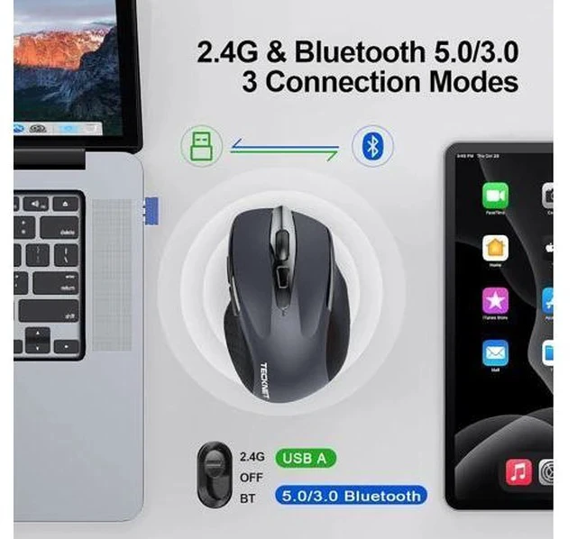 Alt view image 2 of 7 - Wireless Mouse (BT5.0/3.0 & 2.4G) Rechargeable 4800 DPI Silent USB A & Bluetooth Mouse 6 Buttons Wide Compatibility - Grey