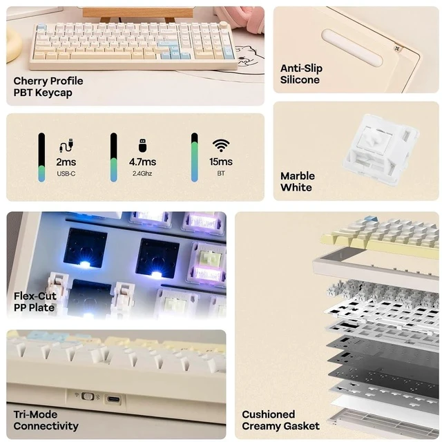 Alt view image 3 of 7 - Galaxy100 Lite QMK/VIA Gaming Keyboard with 8000mAh Battery and Numpad+Click Gaming Mouse Wireless 2.4Ghz/BT/Type-C