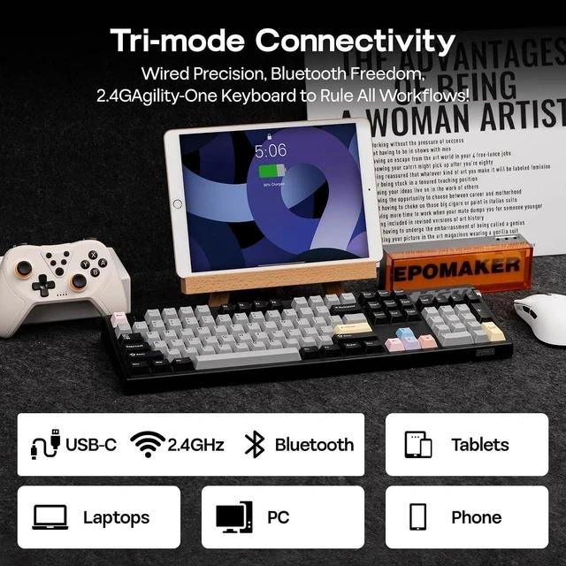 Alt view image 5 of 7 - TH108 PRO Full Size Mechanical Keyboard with Screen & Knob+Click Gaming Mouse Wireless 2.4Ghz/BT/Type-C
