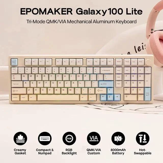Alt view image 2 of 7 - Galaxy100 Lite QMK/VIA Gaming Keyboard with 8000mAh Battery and Numpad+Click Gaming Mouse Wireless 2.4Ghz/BT/Type-C