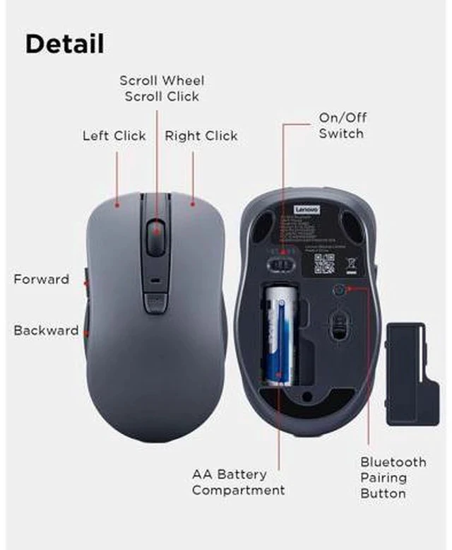 Alt view image 7 of 7 - Bluetooth Silent Mouse (WL300) - 5 Button Computer Mouse with Silent Left & Right Click Sculpted Grip Swift Pair Up to 1600 DPI (Grey)