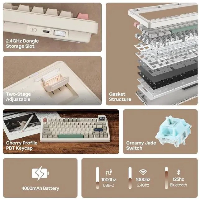 Alt view image 2 of 7 - RT82 Wireless Mechanical Keyboard with Screen+Mix 1.8m Coiled Keyboard Cable